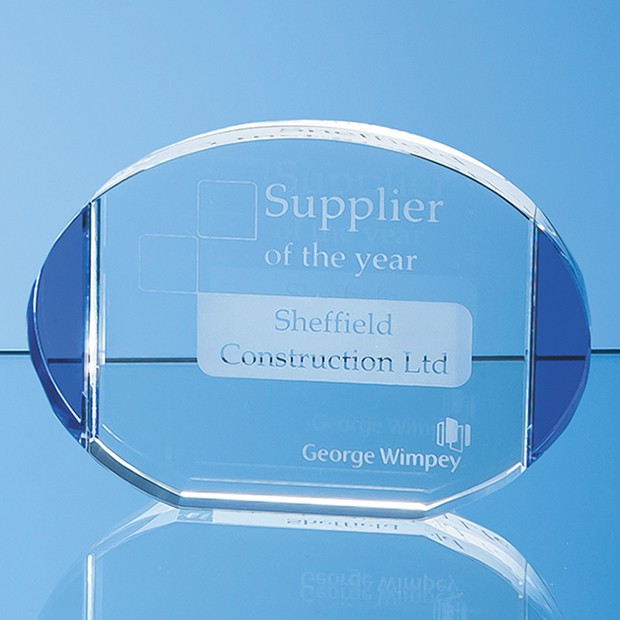 Custom Printed 14.5cm Clear & Cobalt Blue Optical Crystal Column Oval Award