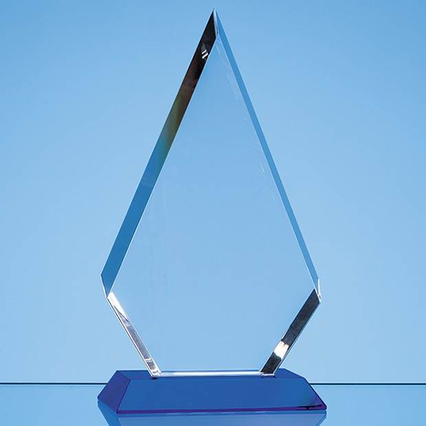 Custom Printed 20.5cm Optical Crystal Facet Diamond Award on a Sapphire Blue Base