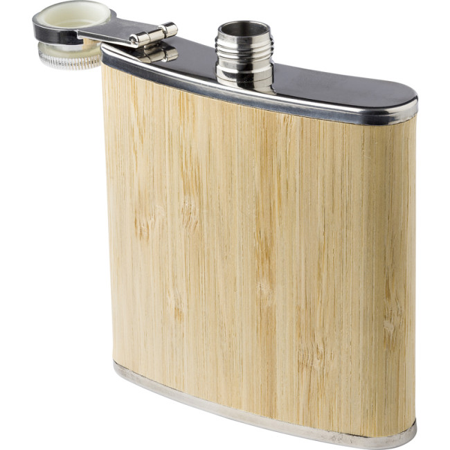 Custom Printed Stainless Steel And Bamboo Hip Flask - Image 1