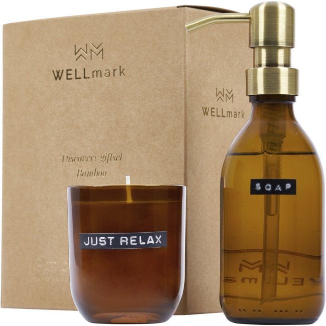 Custom Printed Wellmark Discovery 200ml Hand Soap Dispenser & 150g Candle Set Bamboo Fragrance