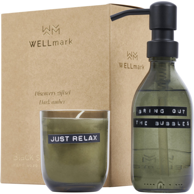 Custom Printed Wellmark Discovery 200ml Hand Soap Dispenser & 150g Candle Set Dark Amber Fragrance