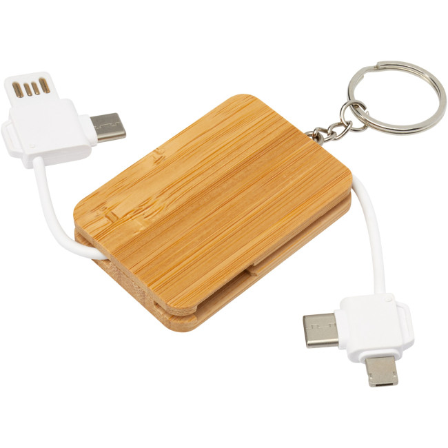 Custom Printed Reel 6-In-1 Retractable Bamboo Key Ring Charging Cable