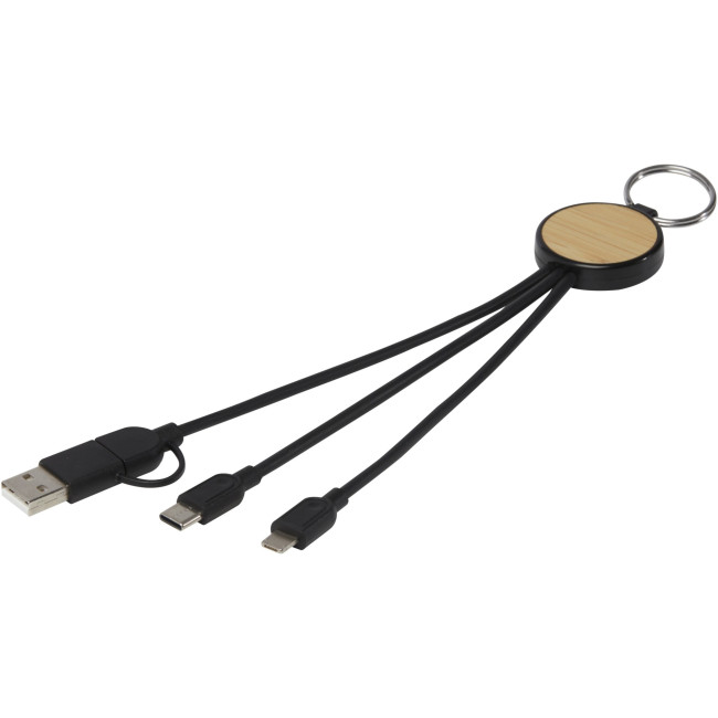 Custom Printed Tecta 6-In-1 Recycled Plastic/Bamboo Charging Cable With Keyring