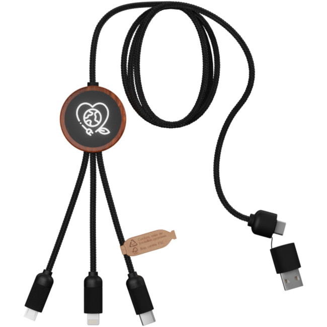 Custom Printed SCX.Design C37 5-In-1 RPET Light-Up Logo Charging Cable With Round Wooden Casing