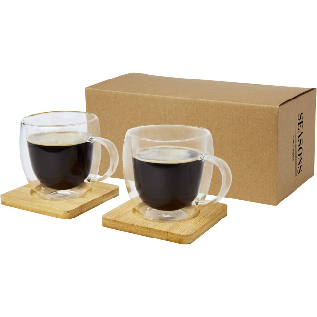 Custom Printed Manti 2-Piece Double-Wall Glass Cup With Bamboo Coaster 250ml