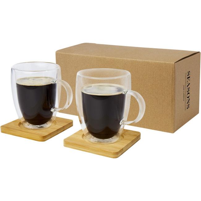 Custom Printed Manti 2-Piece Double-Wall Glass Cup With Bamboo Coaster 350ml