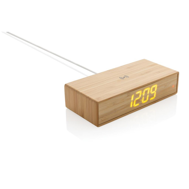 Custom Printed Bamboo Alarm Clock With Wireless Charger 5W