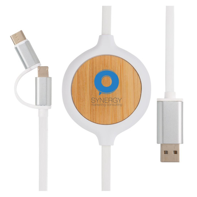 Custom Printed 3-In-1 Cable With Bamboo Wireless Charger 5W