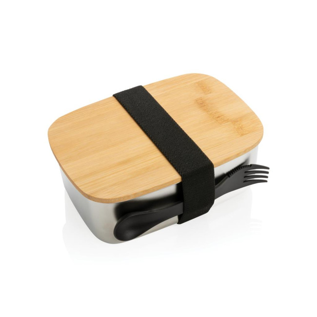 Custom Printed Stainless Steel Lunchbox With Bamboo Lid And Spork