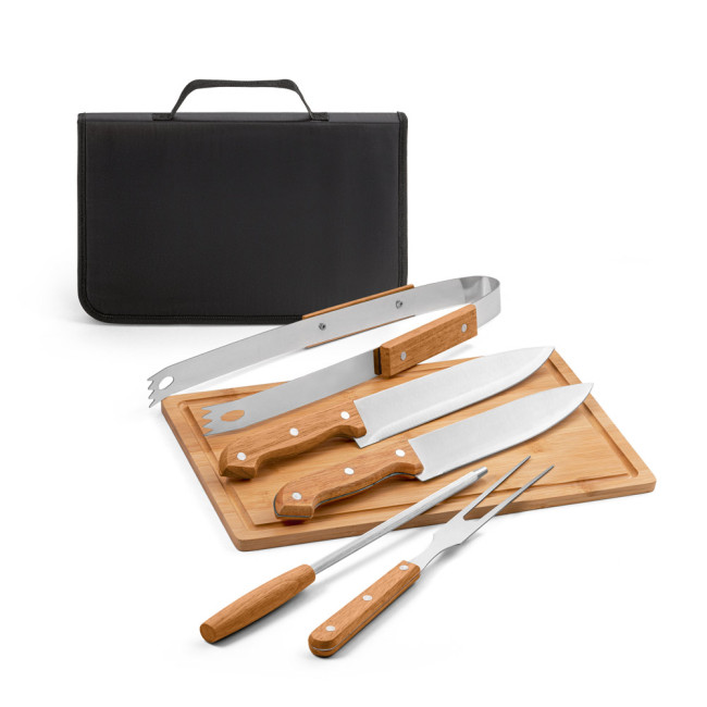 Custom Printed Flare 5 Piece Wooden & Stainless Steel Barbecue Set