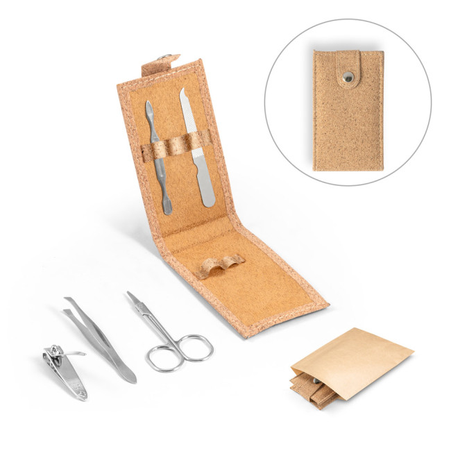 Custom Printed Zena Stainless Steel Manicure Set In Cork Pouch