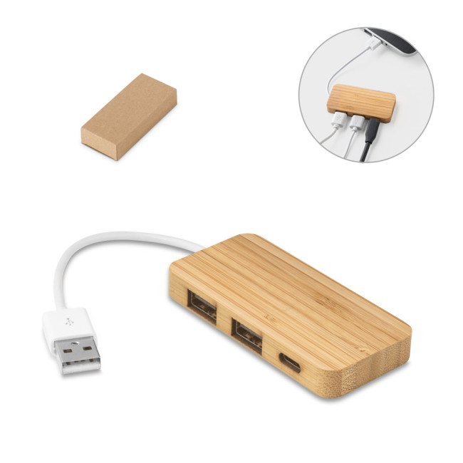 Custom Printed Bamboo USB Hub With 2 Ports