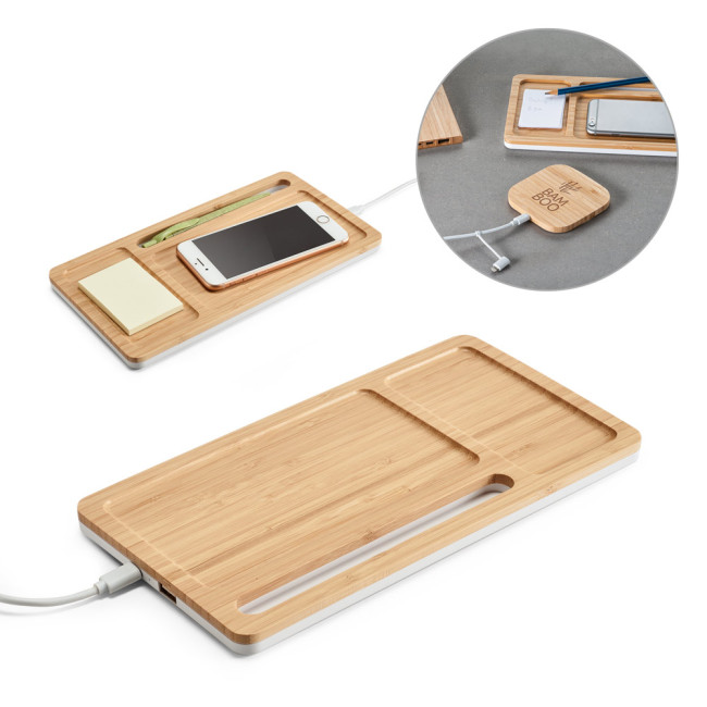 Custom Printed Bamboo Desk Organiser With Wireless Charger