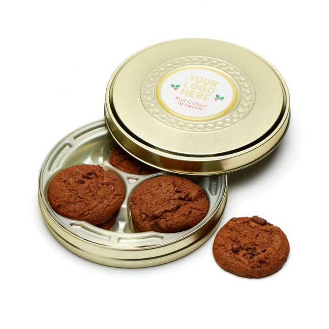 Custom Printed Shallow Gold Treat Tin Belgian Chocolate Cookies