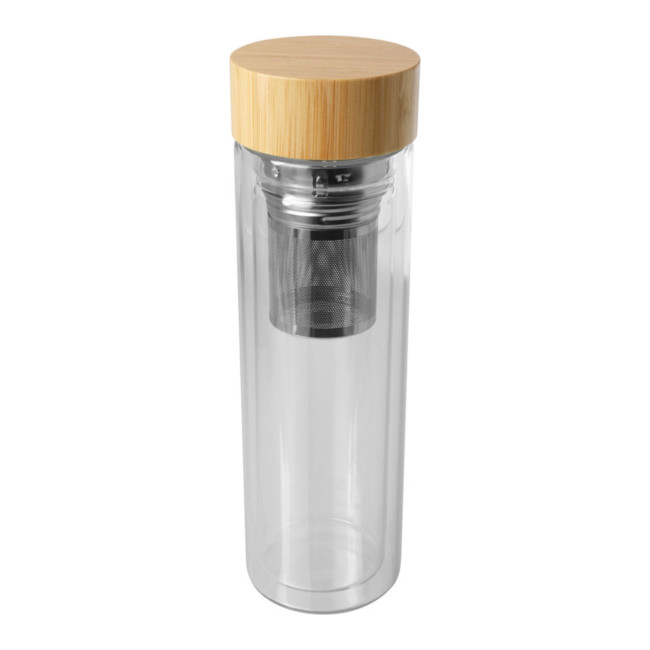 Custom Printed Bailey Borsilicate Glass Infuser Bottle With Bamboo Lid 400ml