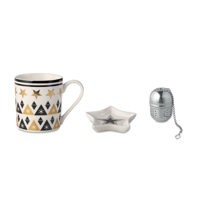 Custom Printed Ceramic Mug Set With Tea Filter & Mini Plate - Image 1