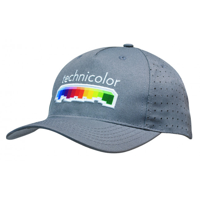 Custom Printed Breathable Poly Twill 5 Panel Cap with Circle Perforations