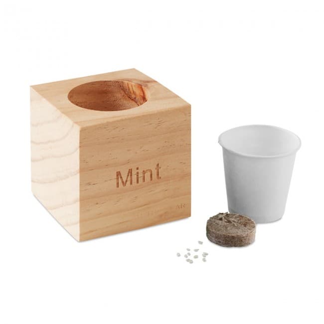 Custom Printed Herb Wood Pot With Mint Seeds - Image 3