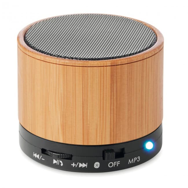 Custom Printed Round Bamboo Wireless Speaker - Image 1