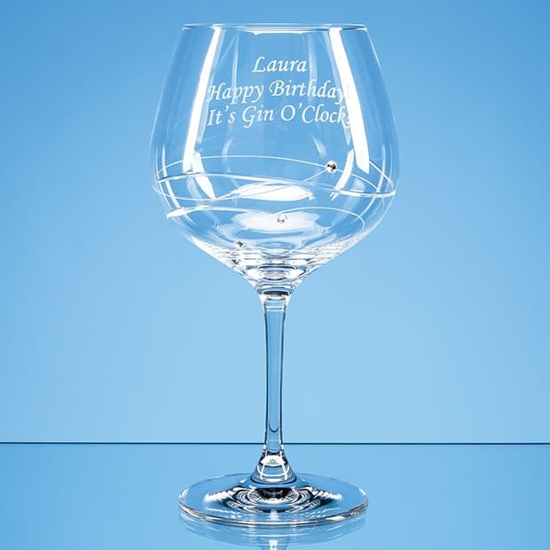 Custom Printed Single Diamante Gin Glass with Spiral Design Cutting