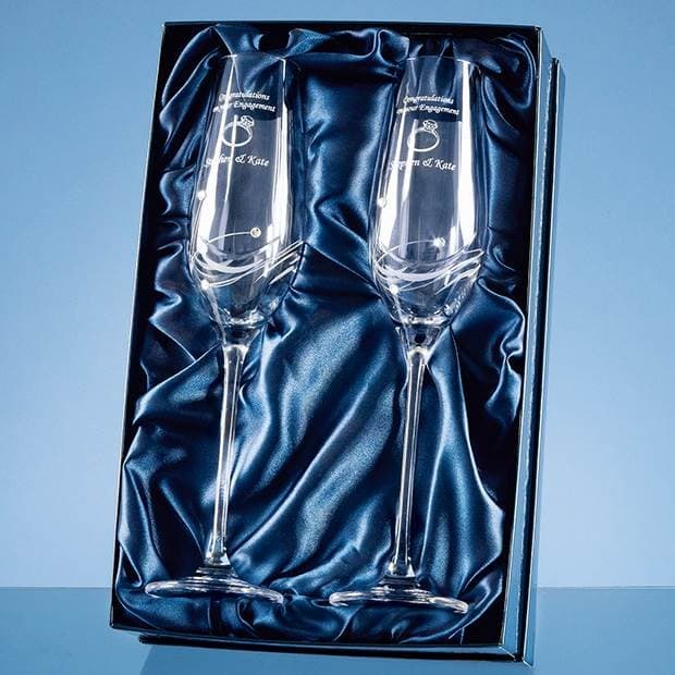 Custom Printed 2 Diamante Champagne Flutes with Elegance Spiral Cutting in an attractive Gift Box