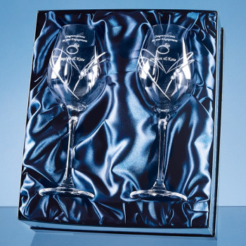 2 Diamante Wine Glasses with Heart Shaped Cutting in an attractive Gift Box