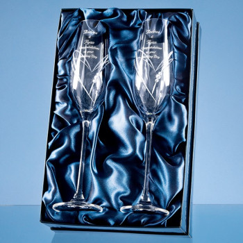 2 Diamante Champagne Flutes with Heart Shaped Cutting in an attractive Gift Box