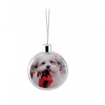 Disk shaped clear plastic bauble